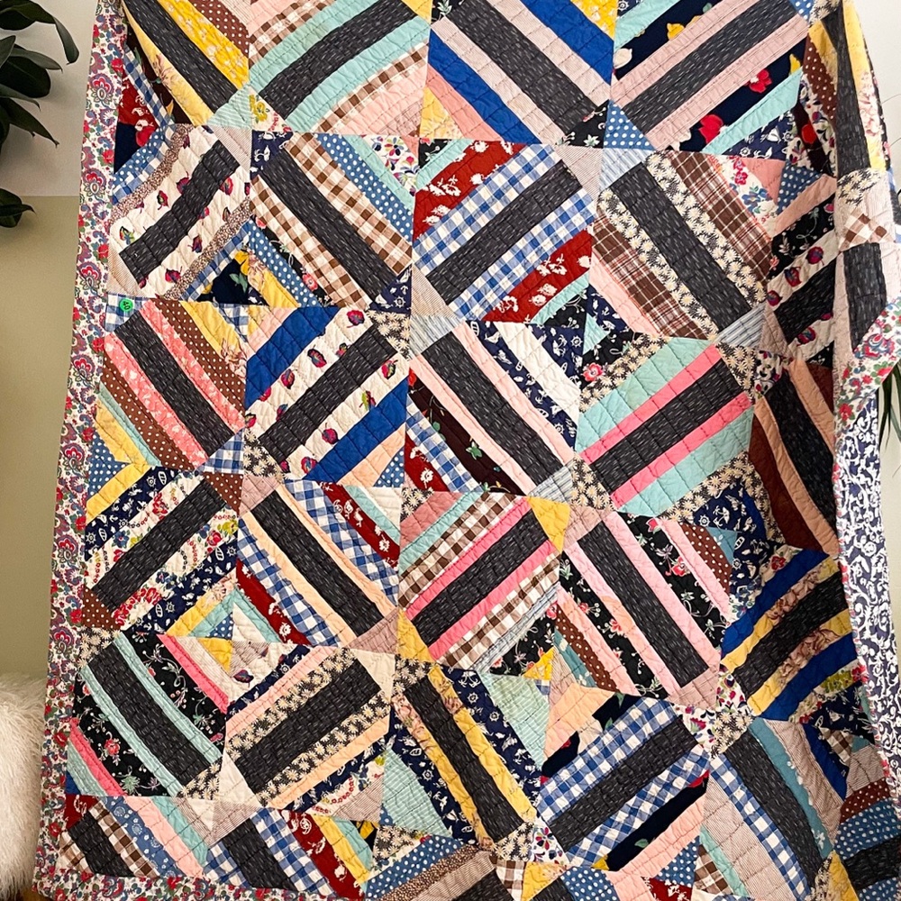 Vintage Handmade String Quilt Throw 1950s/60s Scrap Patchwork 72x72 Multicolor